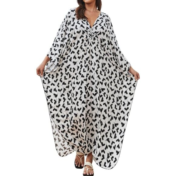 Dresses & Skirts - Women White Base With Hearts V-neck Sleeve Flowy Split Hem Bohemian Kaftan Dress